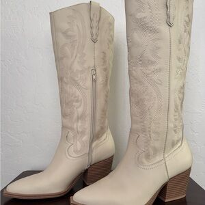Crown Vintage Cream Knee-High Western Heeled Boots